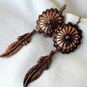 New Faux Copper Stamped Earrings with Feather Drop